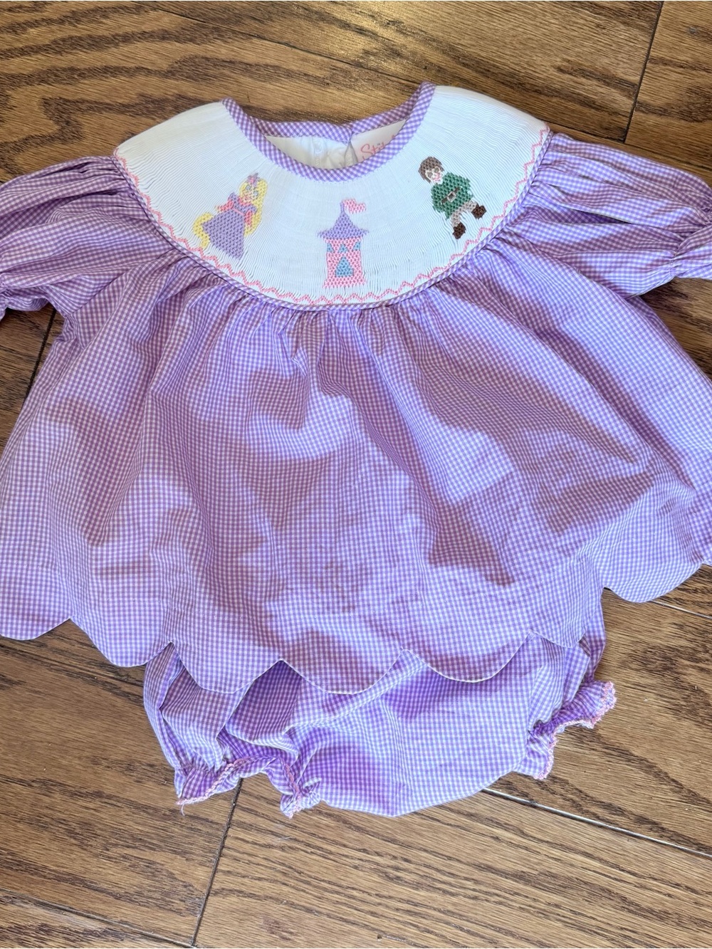 Girls Lilac Gingham Smocked Disney Princess Matching Set Tangled